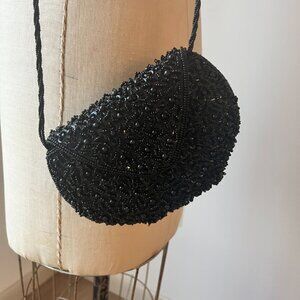 Black Hand-Beaded Evening Bag | Structured | Convertible Clutch  |  7" x 5"